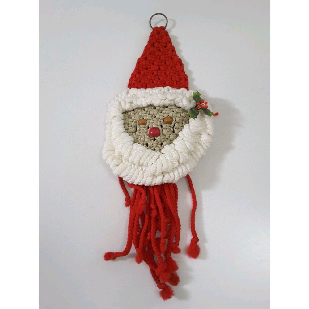 Vintage Macrame Santa Door Decoration Hanger Ornament Rustic Wood Beads